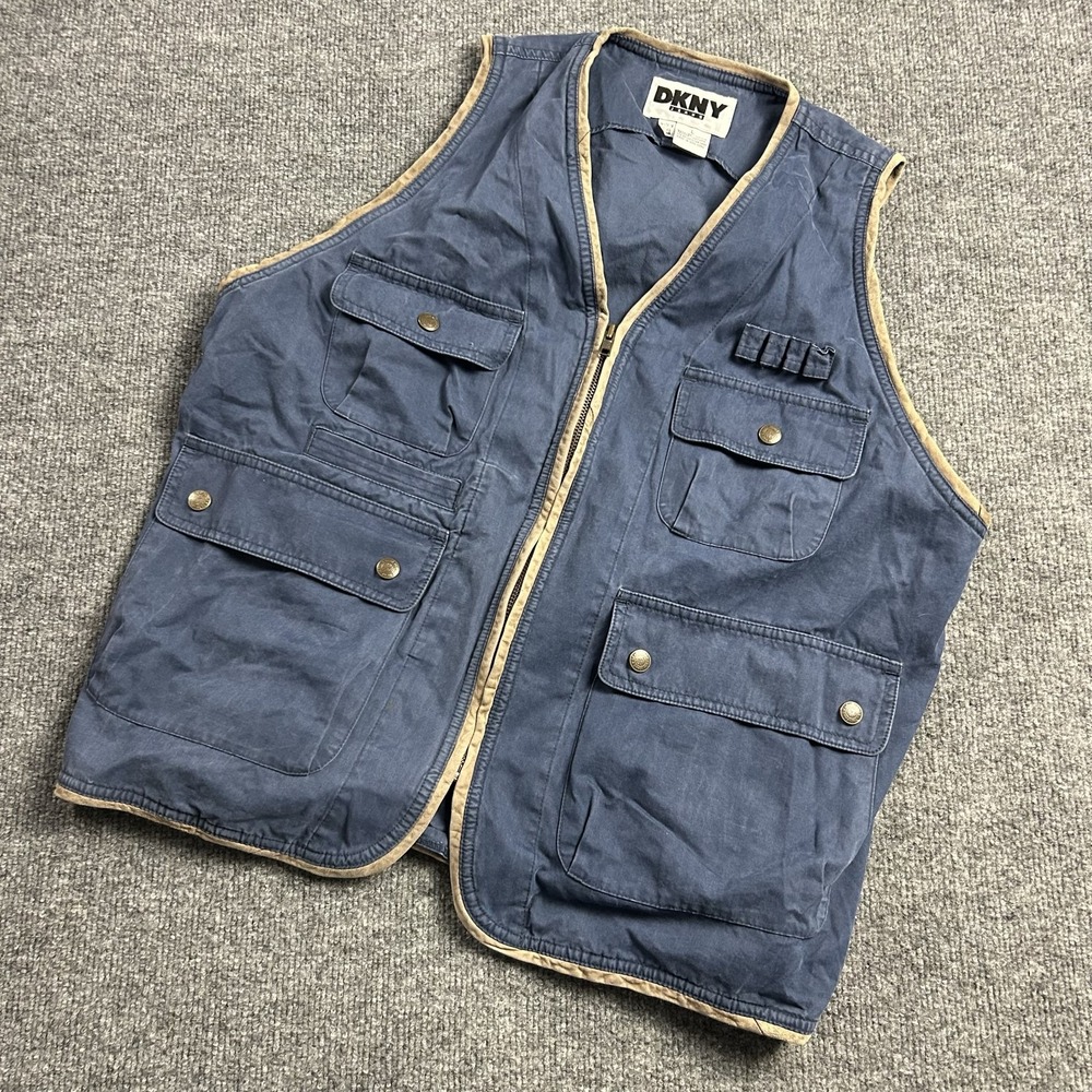 Vintage DKNY Jeans Vest Mens Large Blue Canvas Utility Zip Pockets 90s Outdoor